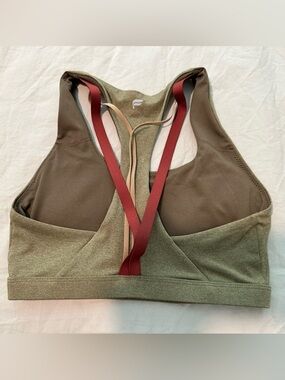 Fabletics Olive Green Sports Bra with Red and Tan Straps
